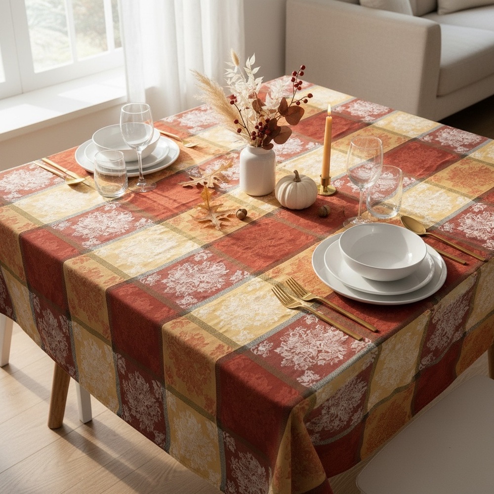 Vintage India Fall Colors Jacquard Damask Tablecloth Burgundy Gold 69×43 Boho